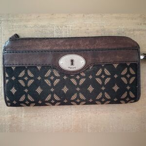 Fossil Key-Per Canvas Zip Around‎ Clutch Wallet Leather Brown